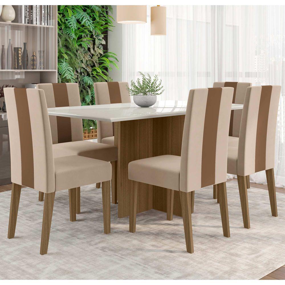 Conjunto Sala De Jantar Mesa Retangular 160cm Com Vidro Helo E 6 Cadeiras Linea Carvalho/off White - Poliman - 1