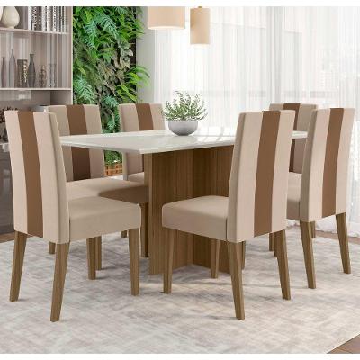 Conjunto Sala De Jantar Mesa Retangular 160cm Com Vidro Helo E 6 Cadeiras Linea Carvalho/off White - Poliman