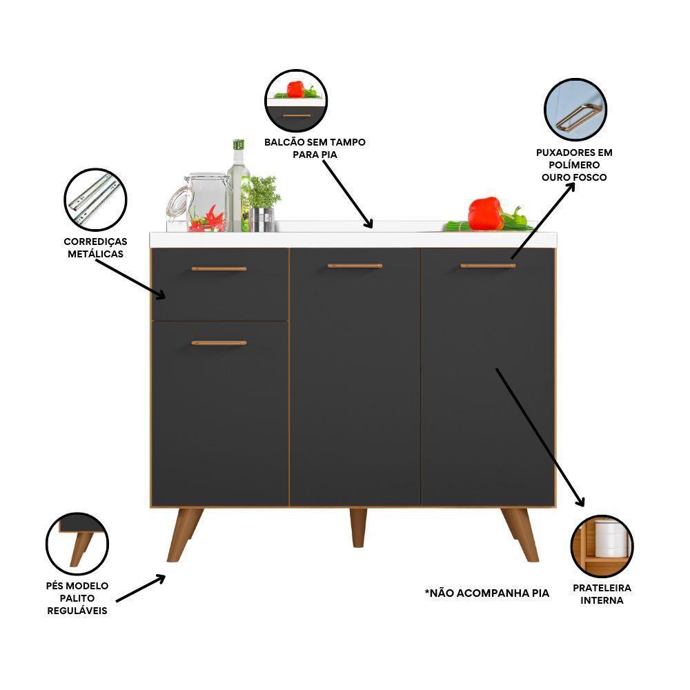 Balcão De Cozinha 3 Portas 1 Gaveta 105cm Sem Tampo Olinda Freijó Uv/grafite Acetinado - Poliman - 4