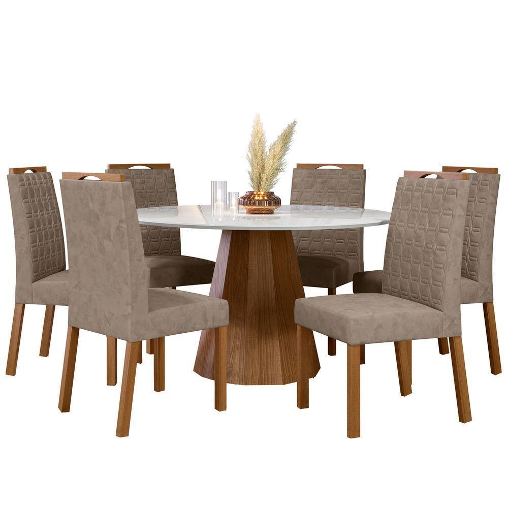 Conjunto Sala De Jantar Mesa Isis 1,35m Com 6 Cadeiras Mariah Ypê/off White/lux - New Ceval  - 2