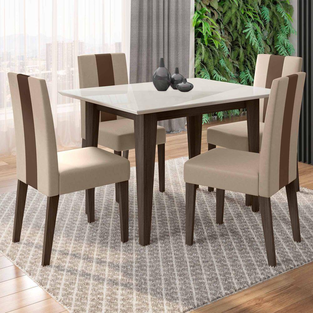 Conjunto Sala De Jantar Mesa Retangular Kate Com Vidro 120cm E 4 Cadeiras Linea Amêndoa/off White - Poliman - 1
