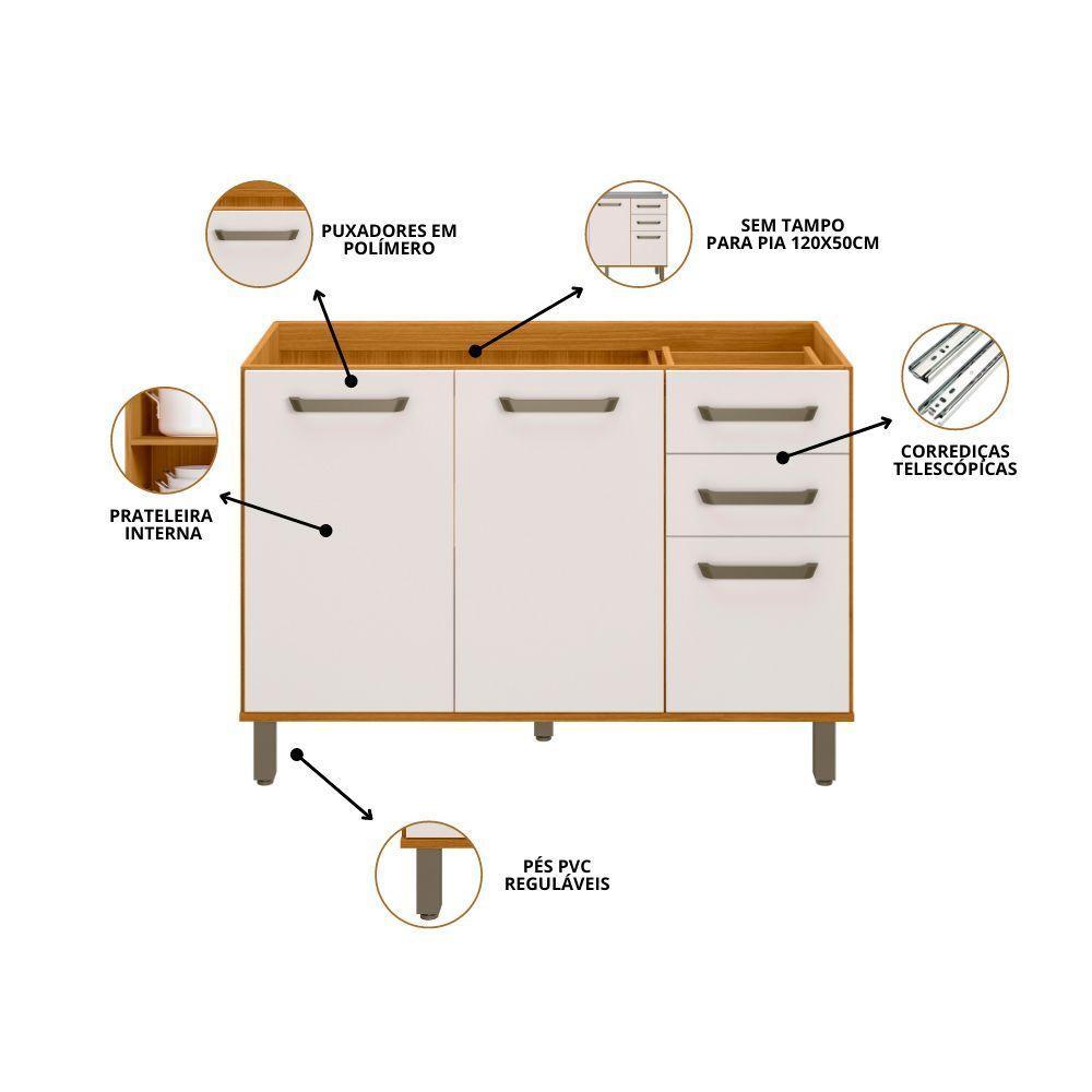 Balcão Para Pia De Cozinha 120cm 3 Portas 2 Gavetas Criare Freijó/off Acetinado - Poliman - 3