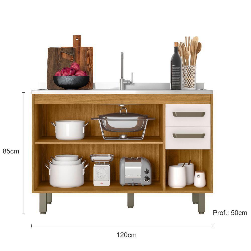 Balcão Para Pia 120cm 3 Portas E 2 Gavetas Sem Tampo Malta Freijó/off Acetinado - Poliman - 6