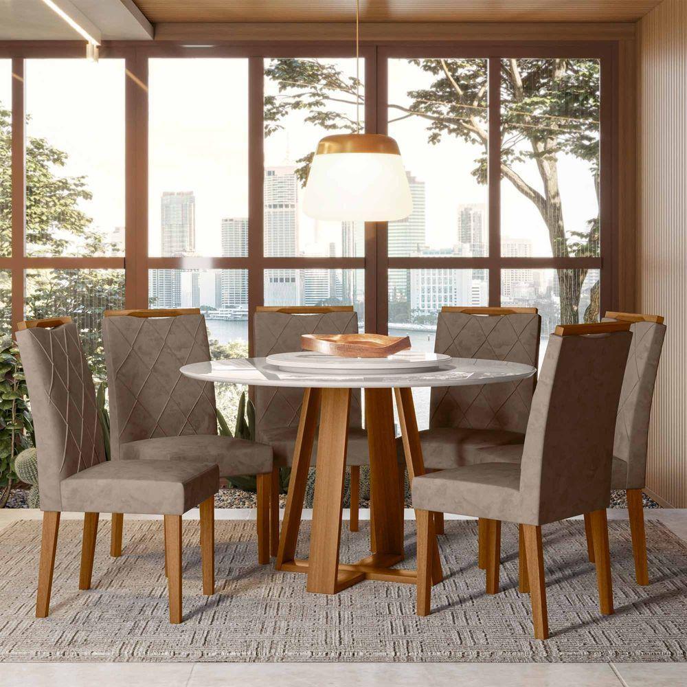 Conjunto Sala De Jantar Mesa Vitoria 1,35 Com Tampo Giratório E 6 Cadeiras Sarah Ype/off White/lux - New Ceval  - 1