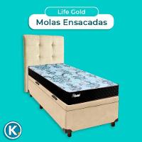 Cama Box Bau + Colchão Solteiro Molas Ensacadas Life Gold Paropas + Cabeceira Estofada