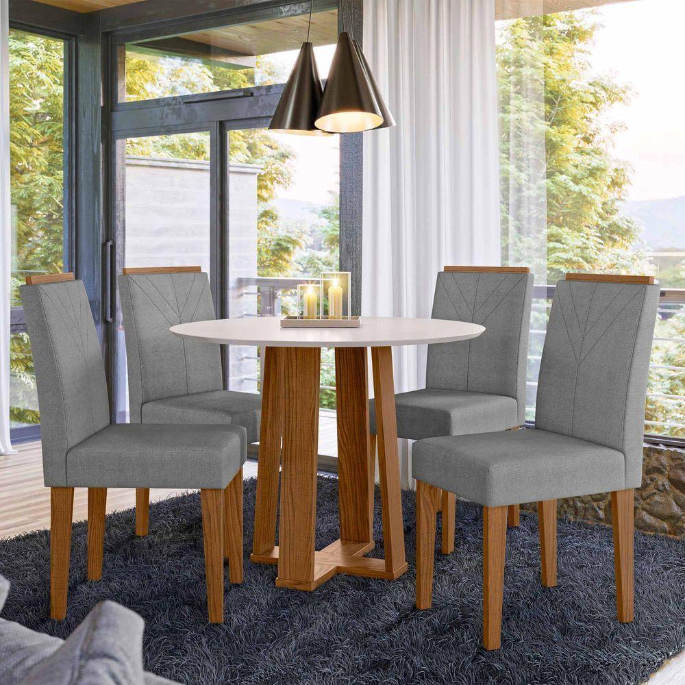 Conjunto Sala De Jantar Mesa Isabela 1,00m Com 4 Cadeiras Amanda Ypê/off White/ln02 - New Ceval  - 1