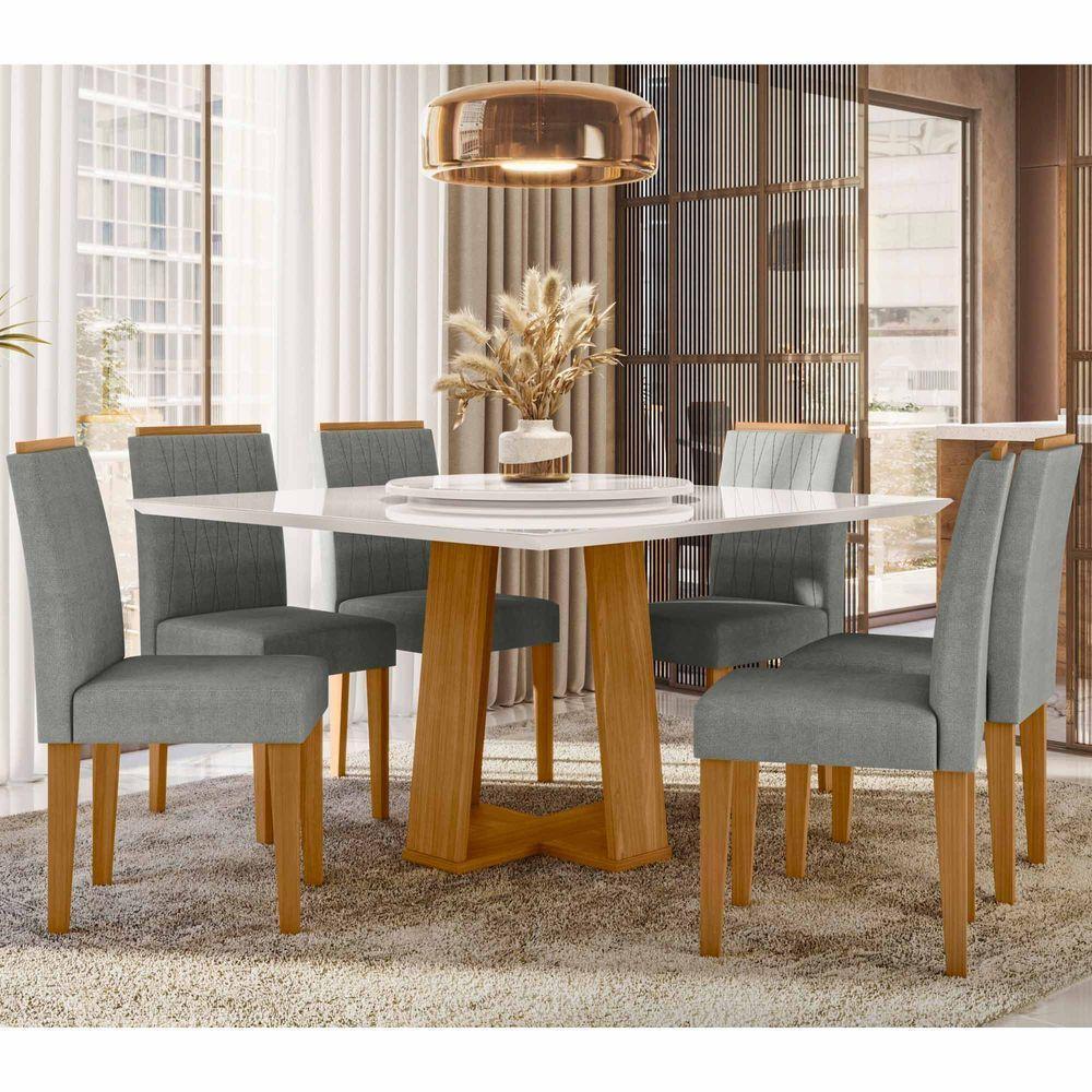Conjunto Sala De Jantar Mesa Valência 1,35 Com Tampo Giratório E 6 Cadeiras Ana Ypê/off White/ln02 - New Ceval - 1