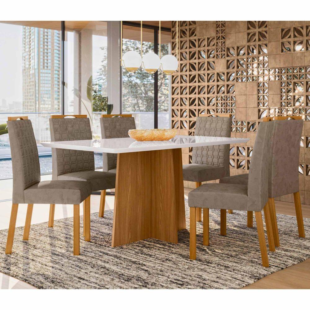 Conjunto Sala De Jantar Mesa Anitta 1,60m Com 6 Cadeiras Mariah Ypê/off White/lux - New Ceval  - 1