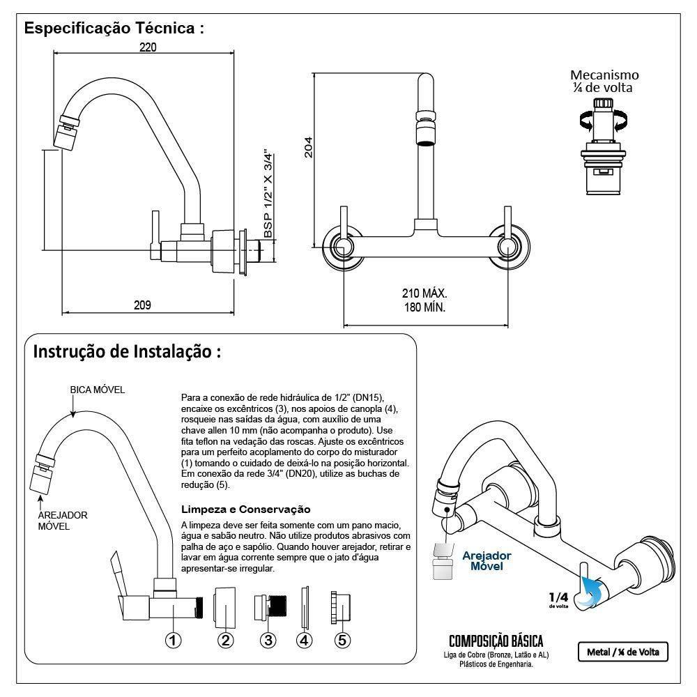 Torneira Pia Misturador Cozinha Parede Bica Móvel Cromado - 5