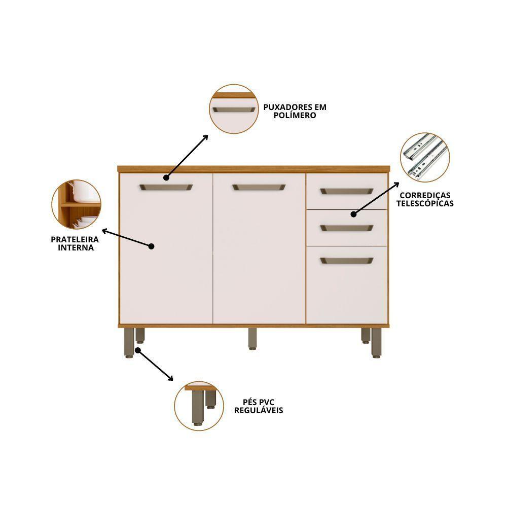 Balcão Para Pia De Cozinha 120cm 3 Portas 2 Gavetas Com Tampo Criare Freijó/off Acetinado - Poliman - 3