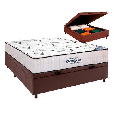 Cama Box Bau Cinza + Colchão Casal High Foam Ortobom