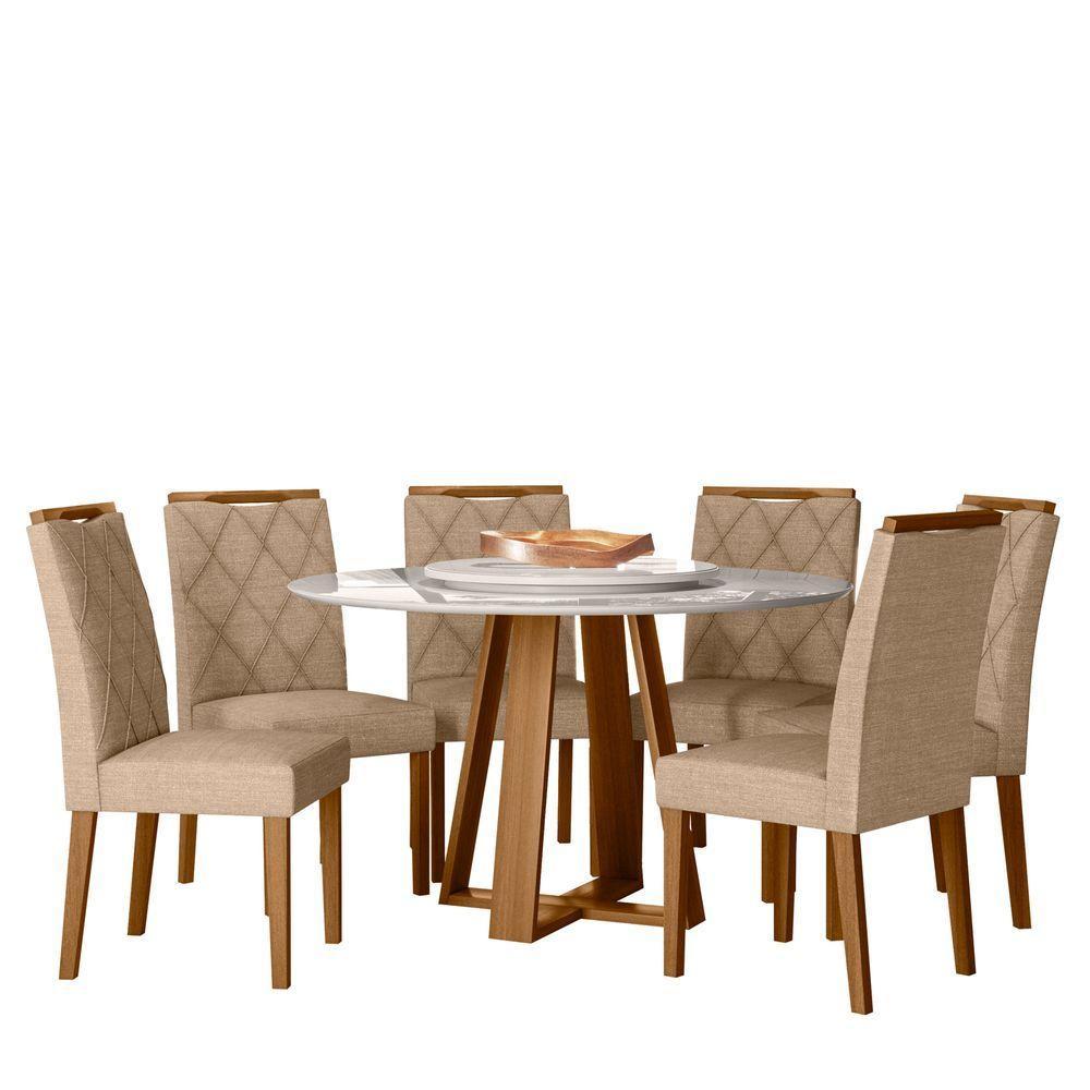 Conjunto Sala De Jantar Mesa Vitoria 1,35 Com Tampo Giratório E 6 Cadeiras Sarah Ypê/off White/ln05 - New Ceval  - 2