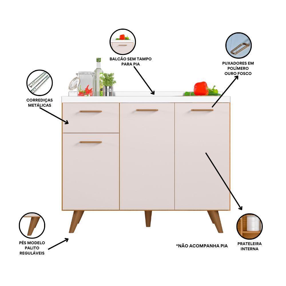 Balcão De Cozinha 3 Portas 1 Gaveta ,05cm Sem Tampo Freijó Uv/off Acetinado Olinda - Poliman - 4
