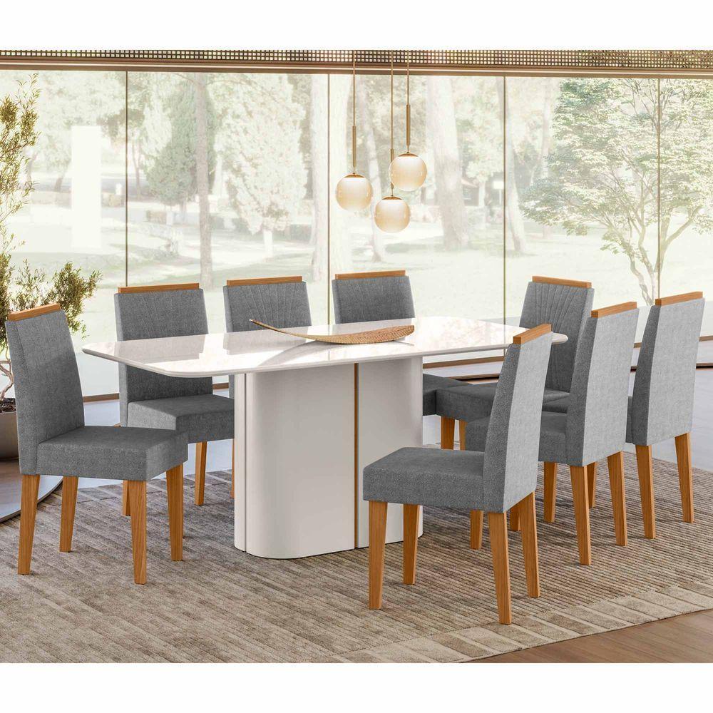 Conjunto Sala De Jantar Mesa Serena 1,80m Com 8 Cadeiras Cecilia Off White/friso Ypê/al07 - New Ceval  - 1