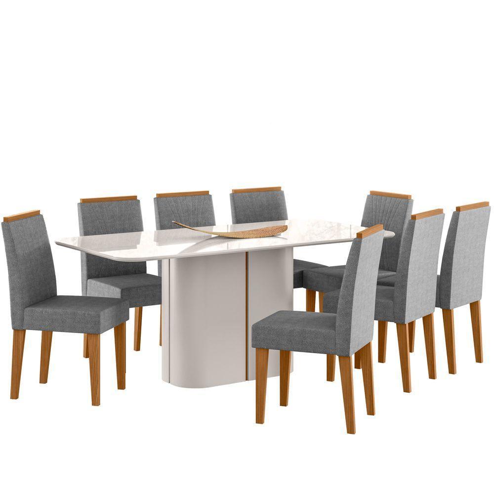 Conjunto Sala De Jantar Mesa Serena 1,80m Com 8 Cadeiras Cecilia Off White/friso Ypê/al07 - New Ceval  - 2