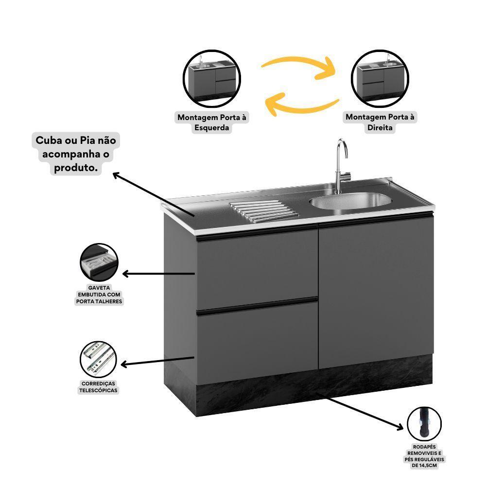 Balcão Para Pia Descolada 120cm 1 Porta 3 Gavetas Com Porta Talher Etna Sem Tampo Grafite - Poliman - 4