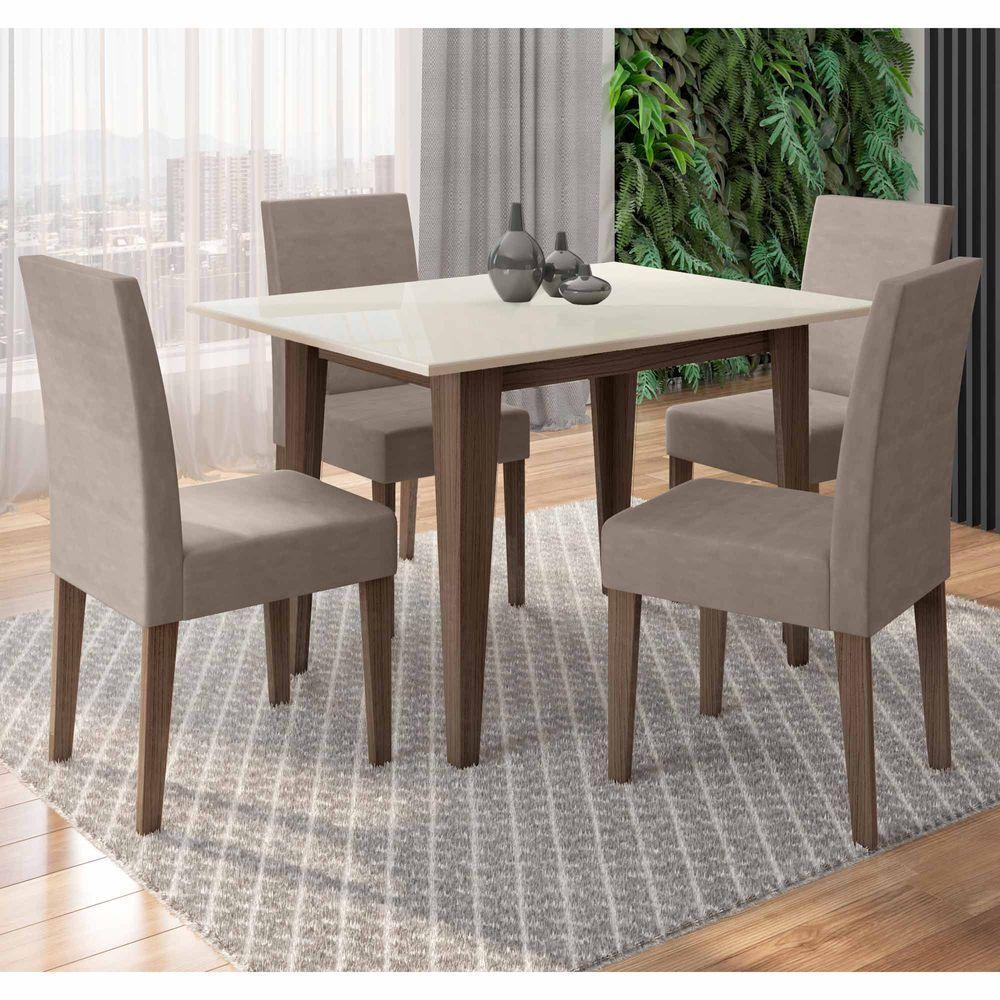 Conjunto Sala De Jantar Mesa Retangular Kate Com Vidro 120cm E 4 Cadeiras Josi Amêndoa/off White - Poliman - 1
