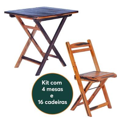 Kit 4 Mesas Dobráveis Com 16 Cadeiras 100% Madeira Maciça Ypê Cerejeira