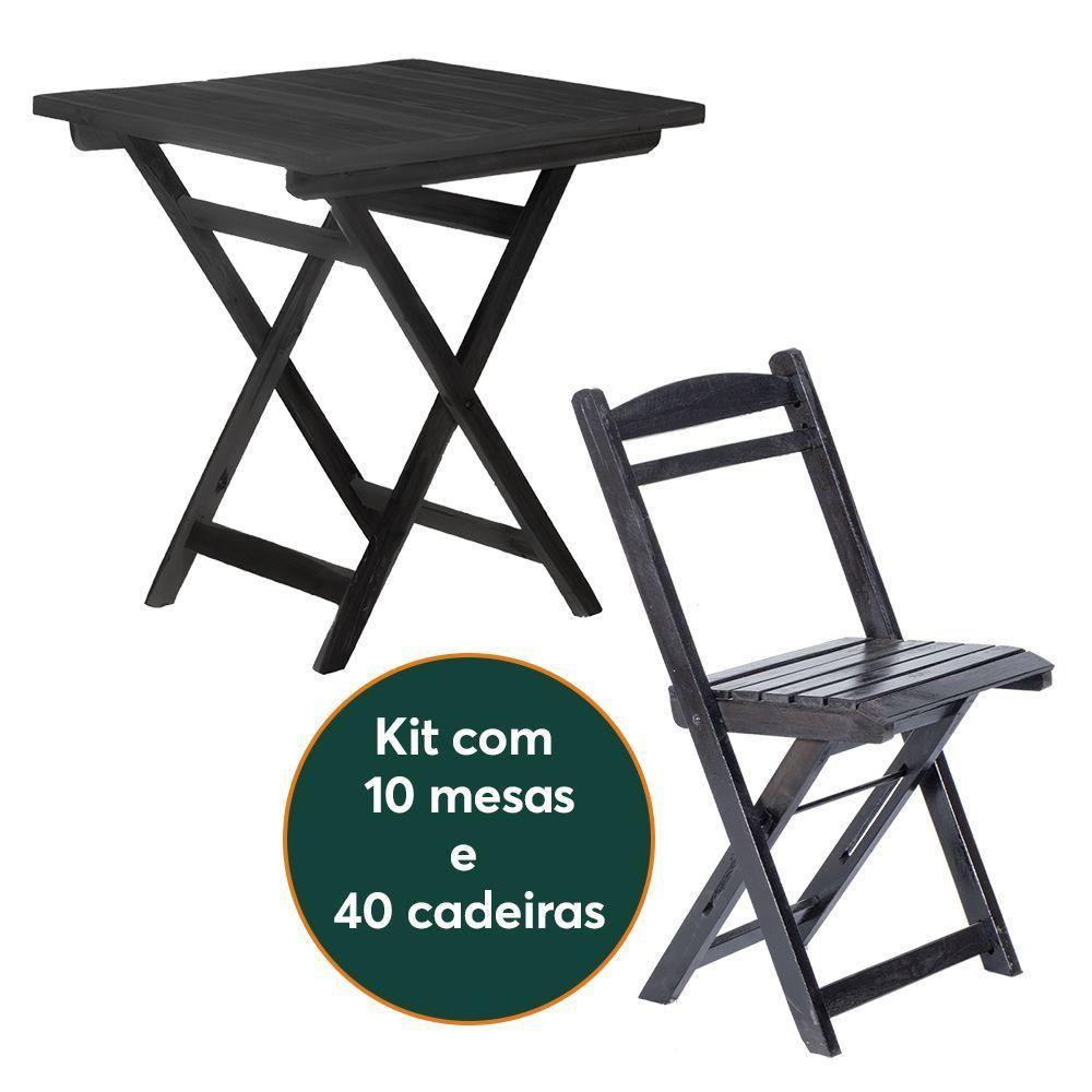 Kit 10 Mesas Dobráveis Com 40 Cadeiras 100% Madeira Maciça Ypê Preto - 1