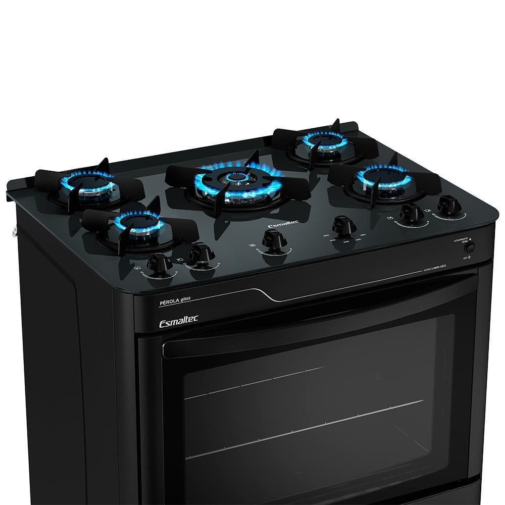 Fogão A Gás Mesa De Vidro Limpa Fácil E Acendimento Automático Esmaltec Pérola Glass 5 Bocas Preto Bivolt - 5