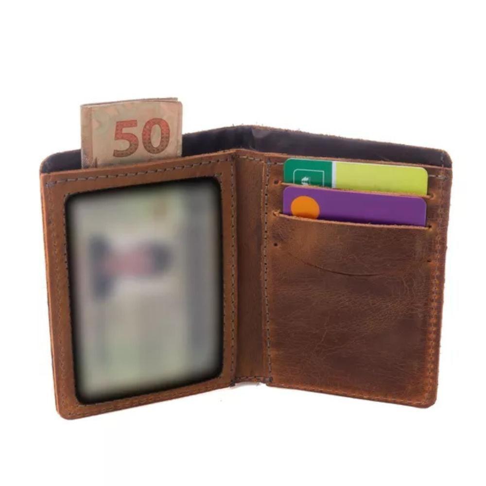 Carteira Masculina Casual Slim Em Couro Para Cnh E Cartões Crazy Horse Caramelo - 1