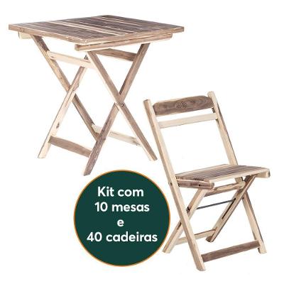Kit 10 Mesas Dobráveis Com 40 Cadeiras 100% Madeira Maciça Ypê Natural
