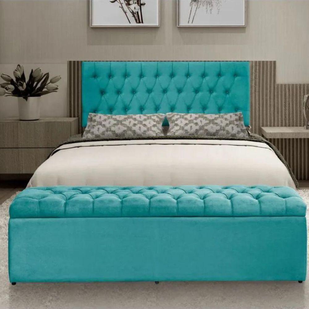 Kit Painel Cabeceira Com Bau Calçadeira Dubai 1 Metro Para Cama Solteiro Suede Azul Tifany - Aurora Line - 2