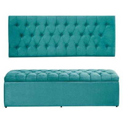 Kit Painel Cabeceira Com Bau Calçadeira Dubai 1,20m Para Cama Viúva Solteirão Suede Azul Tifany - Aurora Line