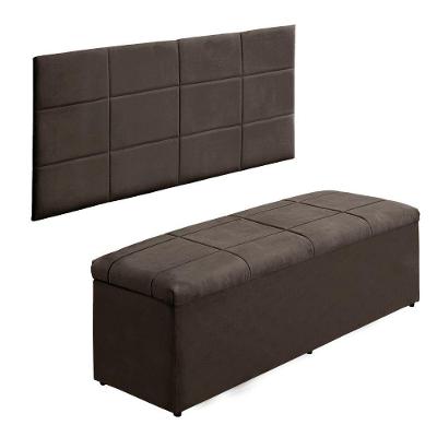 Kit Cabeceira E Bau 1,38m Para Cama Casal Estofado Larissa Suede Marrom - Aurora Line