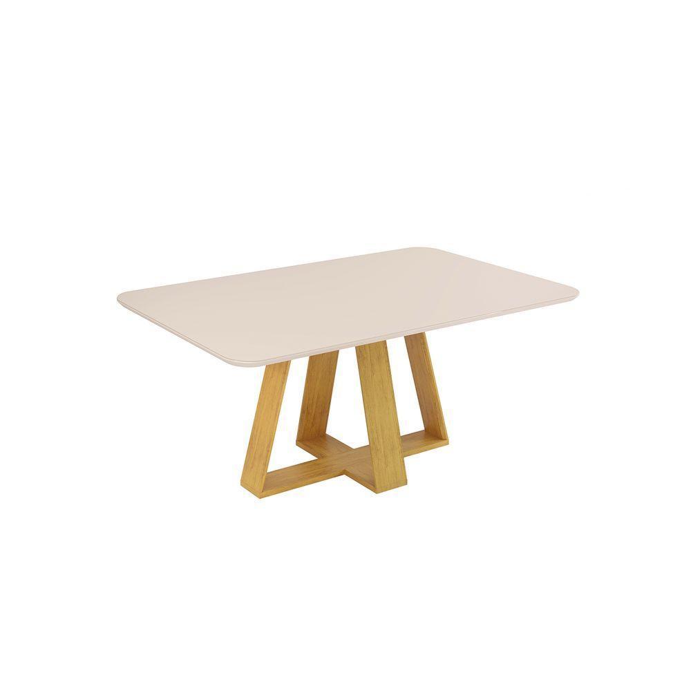 Mesa De Jantar Kiara Tampo Chanfrado Curvo Madeira E Vidro Pintado Cedro Com Off White - 1