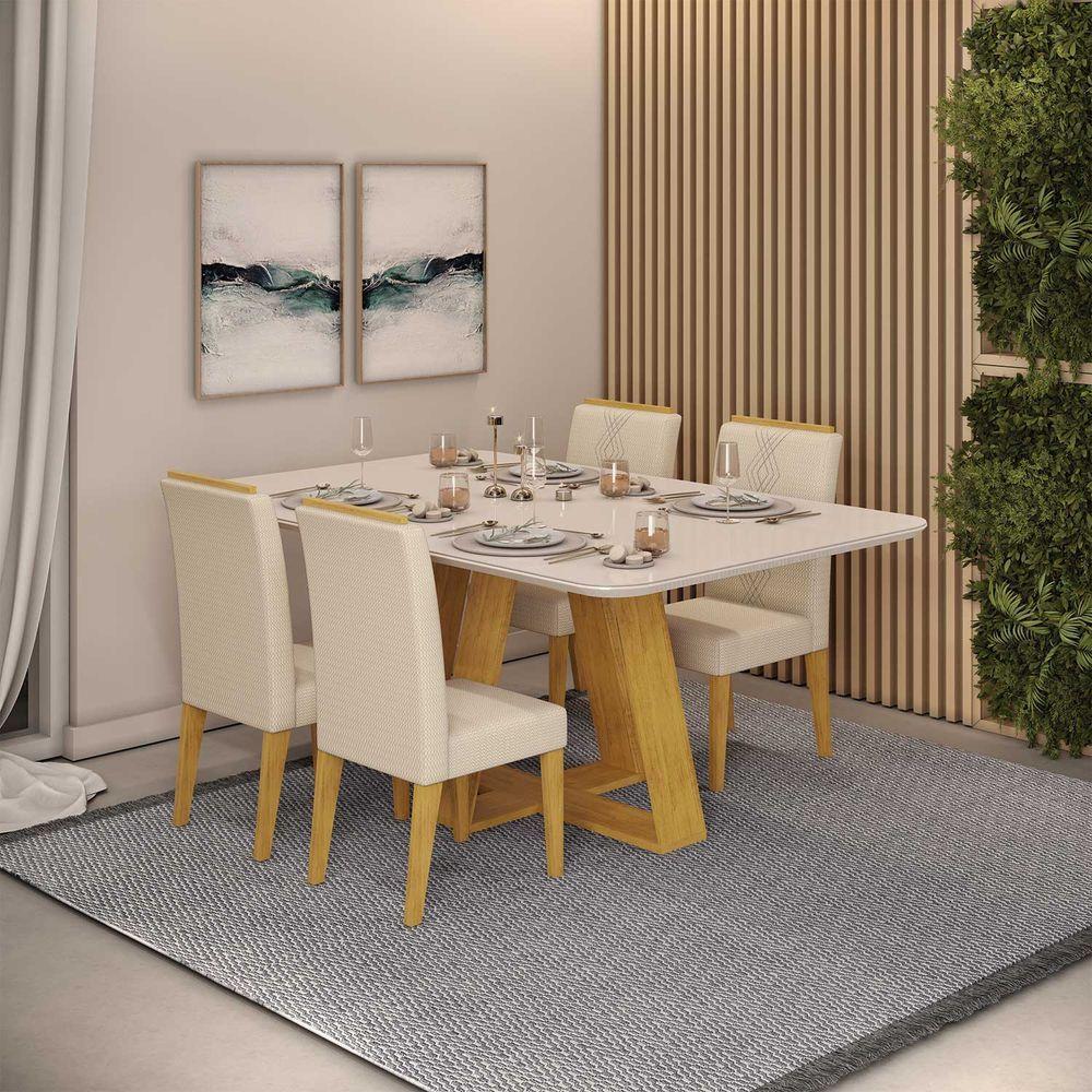 Mesa De Jantar Kiara Tampo Chanfrado Curvo Madeira E Vidro Pintado Cedro Com Off White - 2