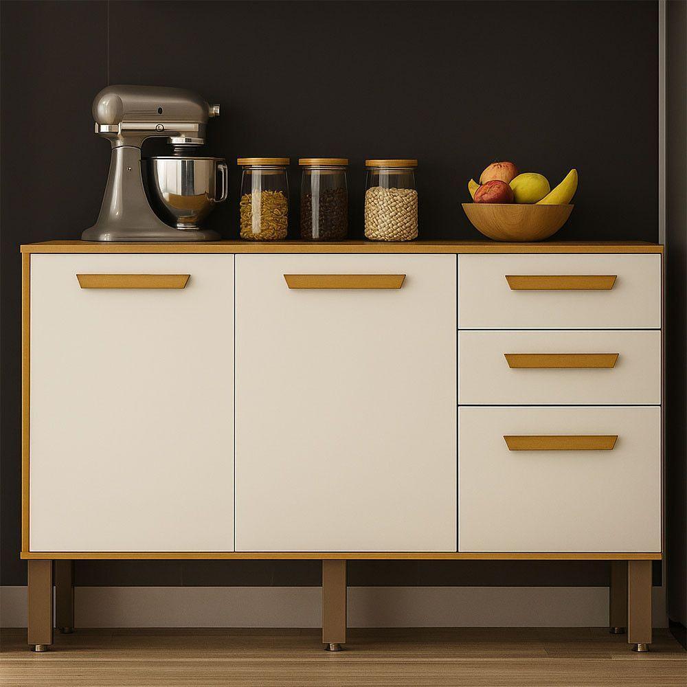 Balcão Athenas 110cm Com 3 Portas 2 Gavetas Mobilihouse Cinamomo/off White Acetinado - 1