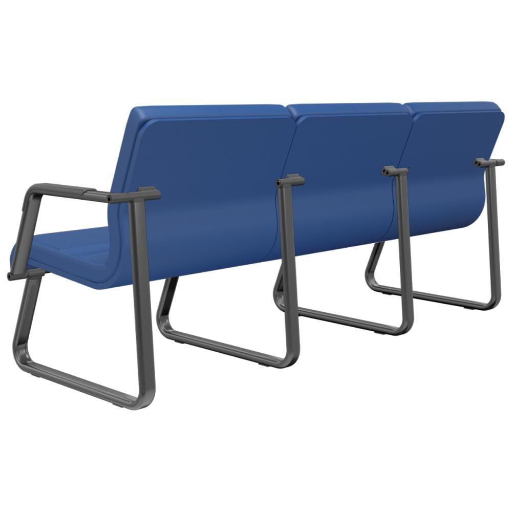 Cadeira Longarina 3 Lugares Recepção Com Braço Pés Preto Lev P03 Vinil Azul - Lyam Decor - 5
