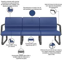 Cadeira Longarina 3 Lugares Recepção Com Braço Pés Preto Lev P03 Vinil Azul - Lyam Decor - 3