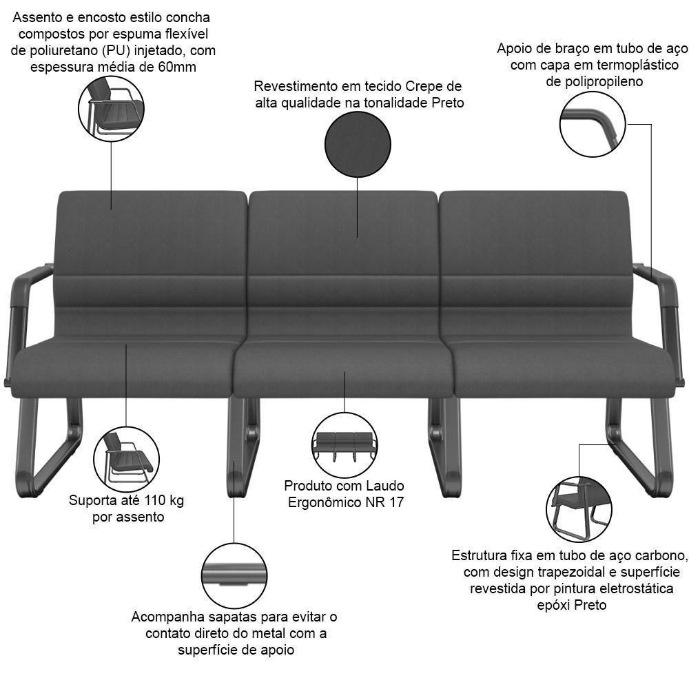 Cadeira Longarina 3 Lugares Recepção Com Braço Pés Preto Lev P03 Crepe Preto - Lyam Decor - 3