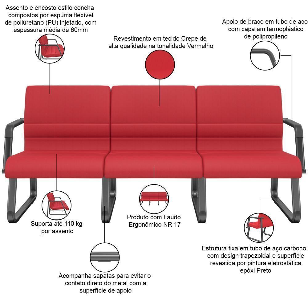 Cadeira Longarina 3 Lugares Recepção Com Braço Pés Preto Lev P03 Crepe Vermelho - Lyam Decor - 3