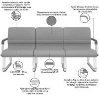 Cadeira Longarina 3 Lugares Recepção Com Braço Pés Cromado Lev P03 Vinil Cinza - Lyam Decor - 3