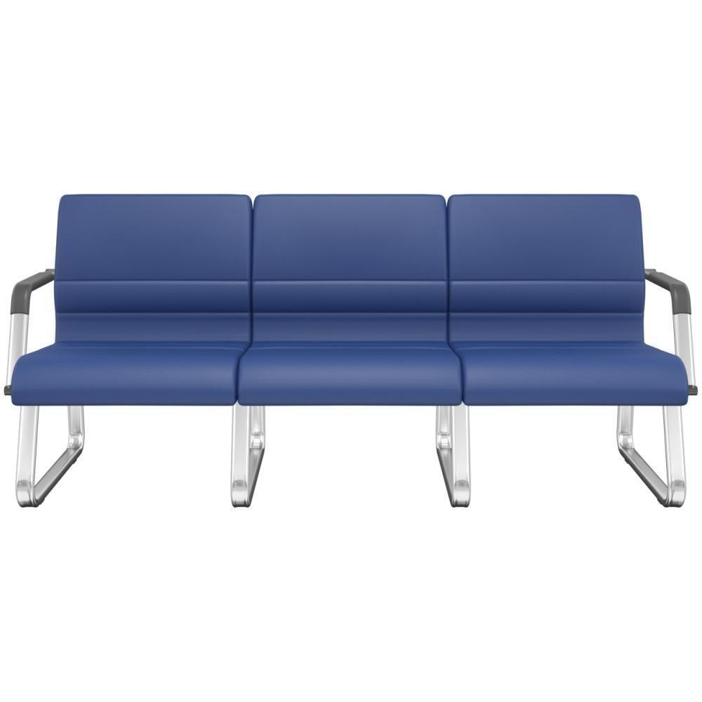 Cadeira Longarina 3 Lugares Recepção Com Braço Pés Cromado Lev P03 Vinil Azul - Lyam Decor - 1