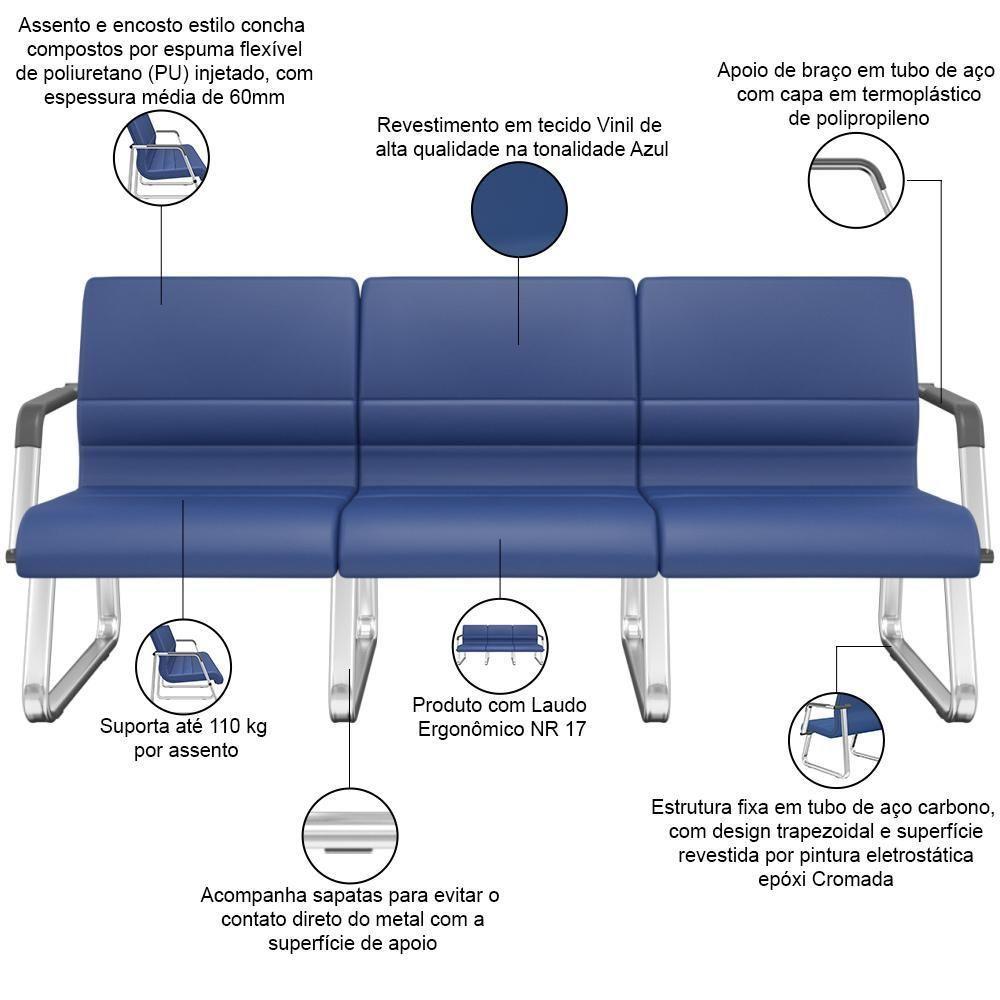 Cadeira Longarina 3 Lugares Recepção Com Braço Pés Cromado Lev P03 Vinil Azul - Lyam Decor - 3