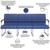 Cadeira Longarina 3 Lugares Recepção Com Braço Pés Cromado Lev P03 Vinil Azul - Lyam Decor - 3