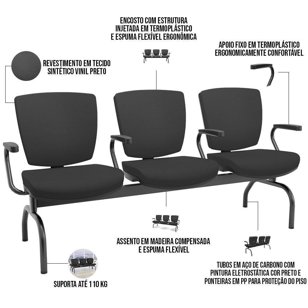 Cadeira Longarina 3 Lugares Aeroporto Recepção Preto Baixa Flexi P03 Vinil Preto - Lyam - 4