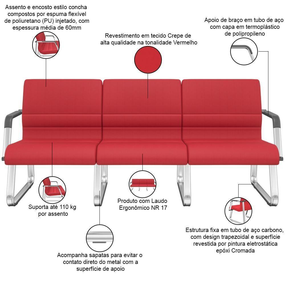 Cadeira Longarina 3 Lugares Recepção Com Braço Pés Cromado Lev P03 Crepe Vermelho - Lyam Decor - 3