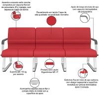Cadeira Longarina 3 Lugares Recepção Com Braço Pés Cromado Lev P03 Crepe Vermelho - Lyam Decor - 3