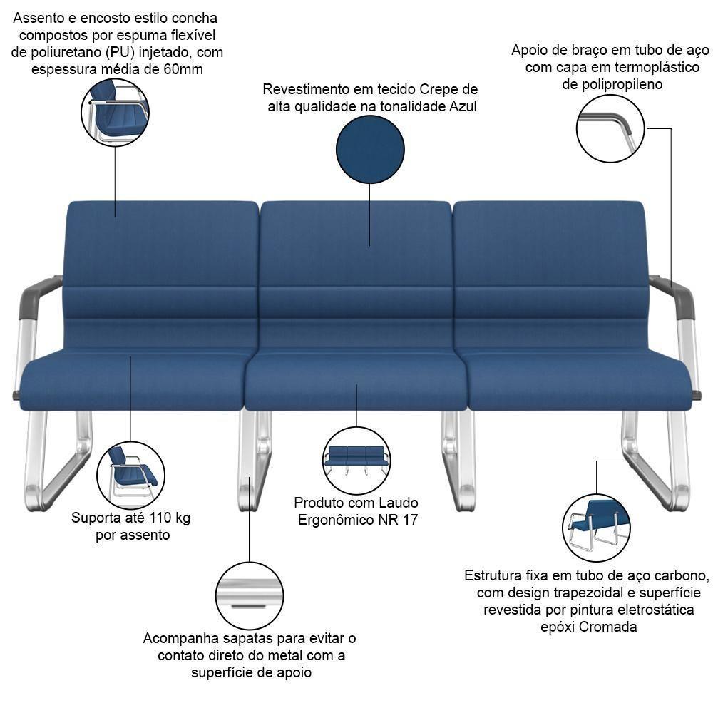 Cadeira Longarina 3 Lugares Recepção Com Braço Pés Cromado Lev P03 Crepe Azul - Lyam Decor - 3