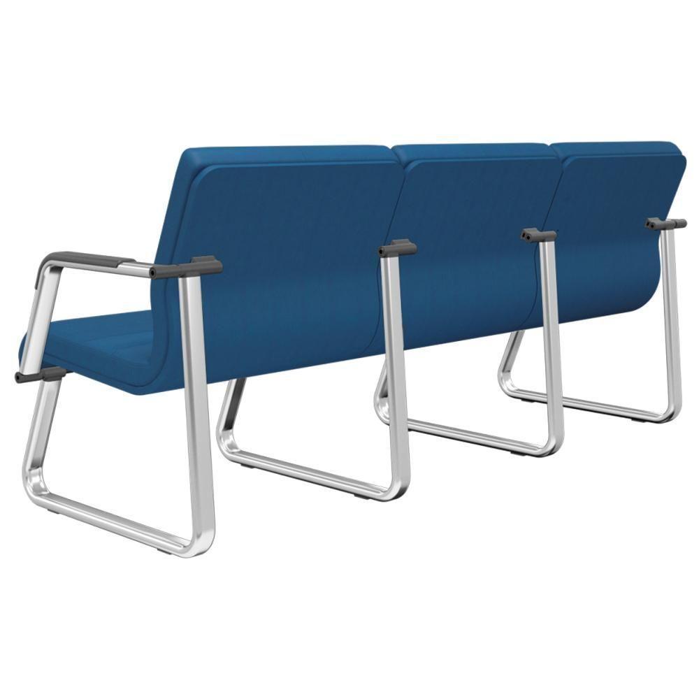 Cadeira Longarina 3 Lugares Recepção Com Braço Pés Cromado Lev P03 Crepe Azul - Lyam Decor - 5