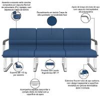 Cadeira Longarina 3 Lugares Recepção Com Braço Pés Cromado Lev P03 Crepe Azul - Lyam Decor - 3