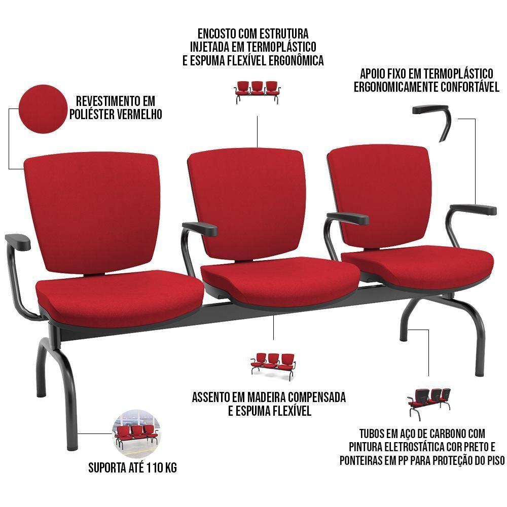 Cadeira Longarina 3 Lugares Aeroporto Recepção Preto Baixa Flexi P03 Poliéster Vermelho - Lyam - 4
