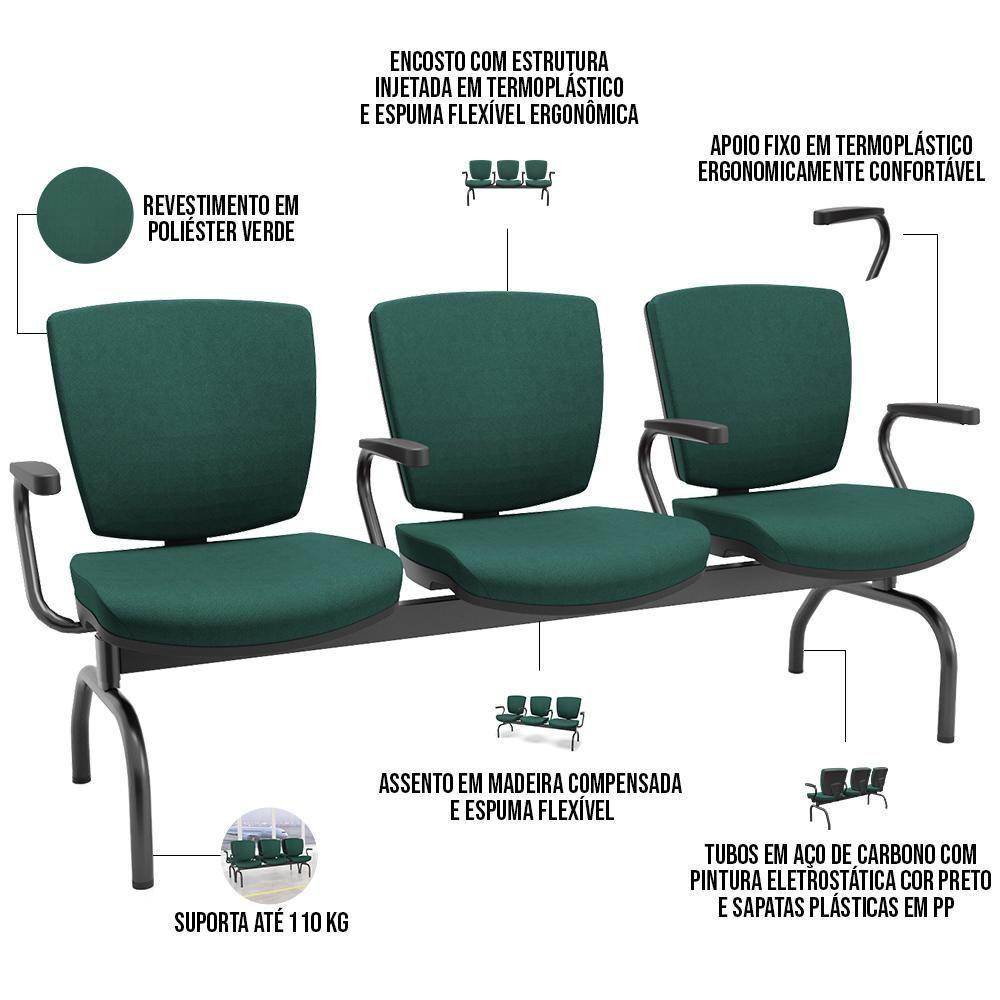Cadeira Longarina 3 Lugares Aeroporto Recepção Preto Baixa Flexi P03 Poliéster Verde - Lyam - 4