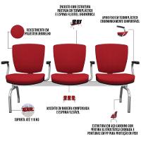Cadeira Longarina 3 Lugares Aeroporto Recepção Cromado Baixa Flexi P03 Poliéster Vermelho - Lyam