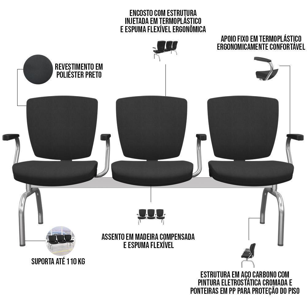 Cadeira Longarina 3 Lugares Aeroporto Recepção Cromado Baixa Flexi P03 Poliéster Preto - Lyam - 4